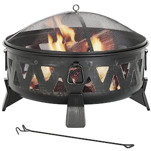 29.9 in. Outdoor Wood Burning Fire Pit Round Deep Bowl Fire Pit with Spark Screen Cover and Poker for Backyard Garden