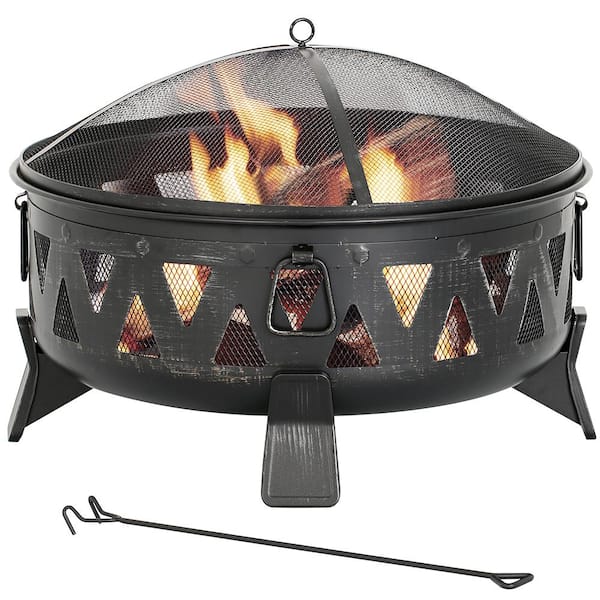 HeatMaxx 29.9 in. Outdoor Wood Burning Fire Pit Round Deep Bowl Fire Pit with Spark Screen Cover and Poker for Backyard Garden