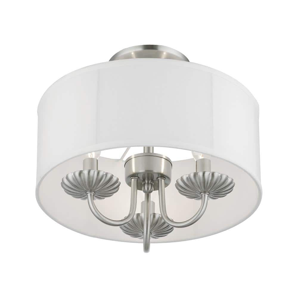 Transitional Brookdale Brushed Nickel 3-Light Semi-Flush Mount with Off-White Drum Shade