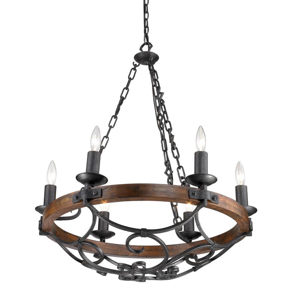 Rustic Madera Black Iron 6-Light Chandelier with Solid Wood Accents