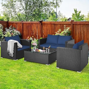 4-Piece Wicker Patio Conversation Furniture Set Cushioned Sofa Loveseat with Navy & Turquoise Cover