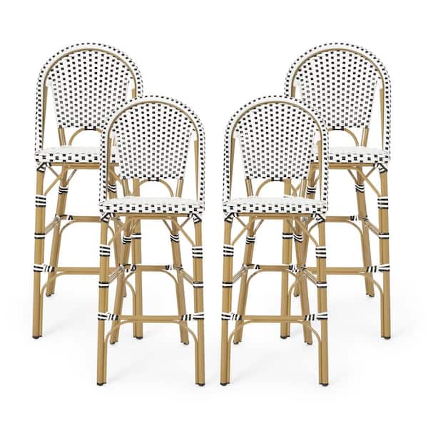 Noble House Gallia Aluminum Outdoor Patio French Barstools (Set of 4), Black, White, and Bamboo Finish