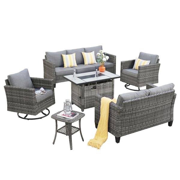 Hyperion 6-Pcs Wicker Patio Rectangular Fire Pit Set and with Dark Gray Cushions and Swivel Rocking Chairs