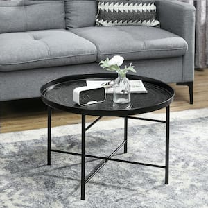 24 in. Black Round Metal Coffee Table with Hammered Tray Top, Vintage Metal Center Table