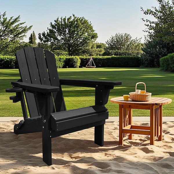 JEAREY Weather Resistant Plastic HDPE Outdoor Patio Folding Adjustable Adirondack Chair with Cup Holder in Black