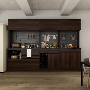 3-in-1 Brown Wood Buffet and Hutch Storage Cabinet with Garbage Bin, Drawers, Wine Cube, Hook(110.2 in. W x 78.7 in. H)