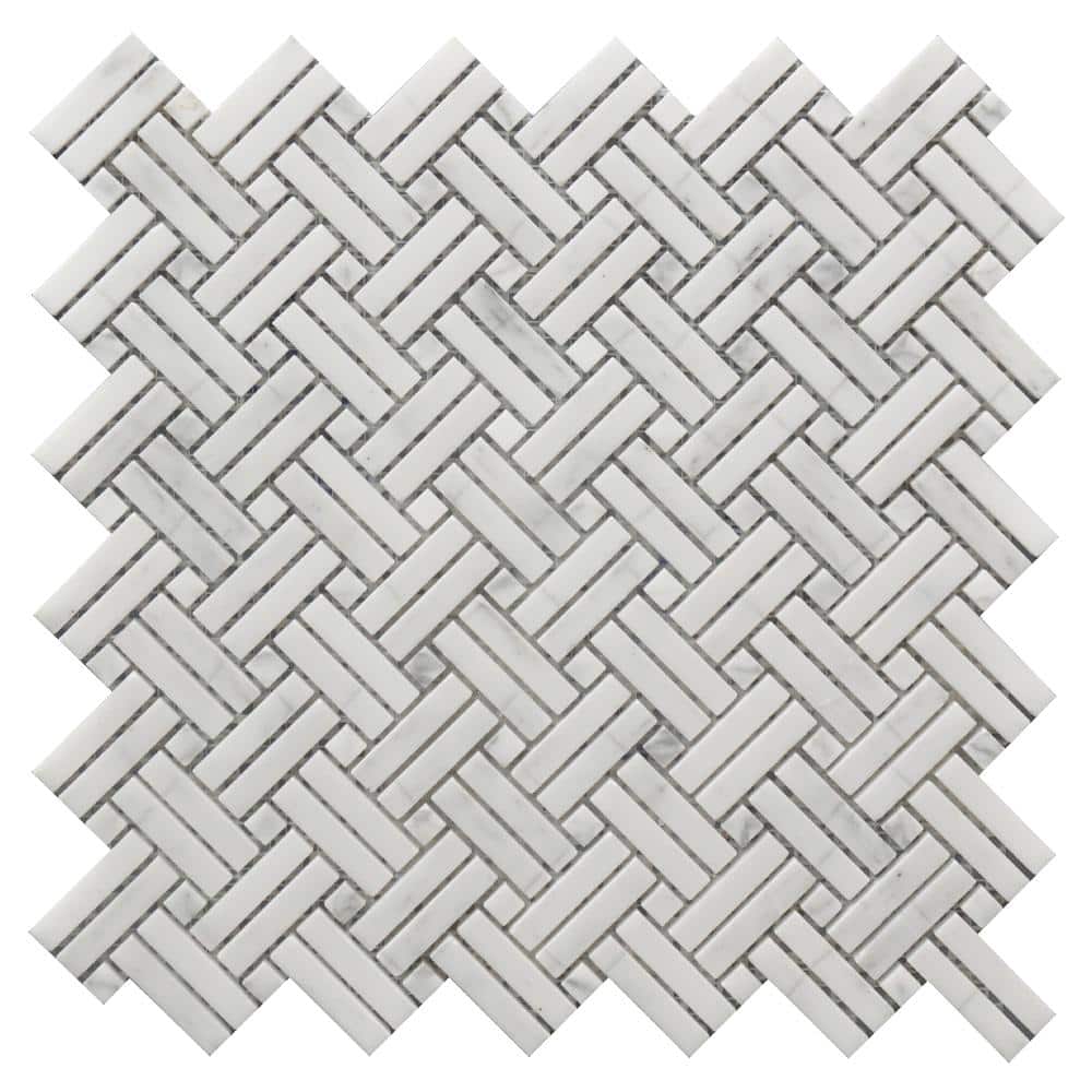 Polished White Marble Basketweave Mosaic Tile Sheet