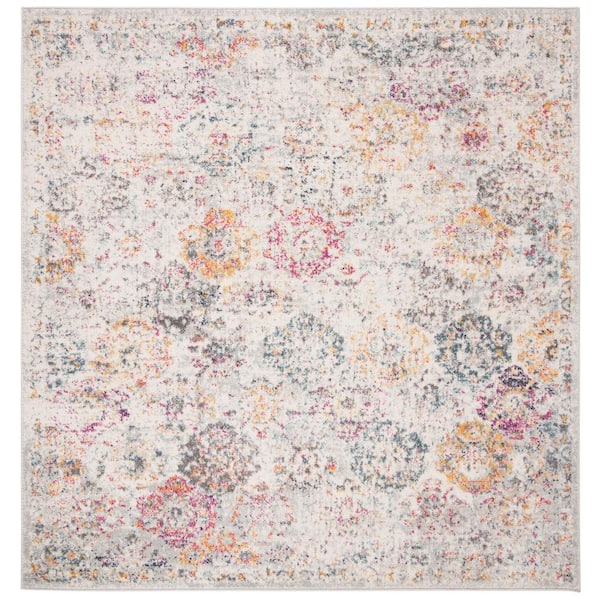 SAFAVIEH Madison Grey/Gold 12 ft. x 12 ft. Border Floral Medallion Geometric Square Area Rug