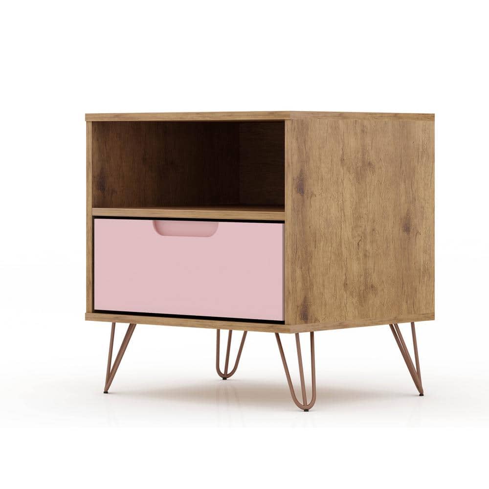 Mid-Century Rose Pink & Natural Nightstand with Metal Legs