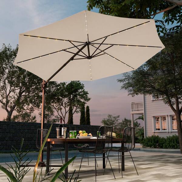 10 ft. LED Round Cantilever Umbrella Solution-Dyed Fabric, Metal Frame and Innovative 360° Rotation System in Sand