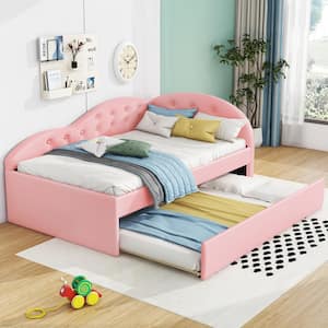 Pink Wood Frame Twin Size PU Leather Upholstered Daybed with Twin Size Trundle, Button-Tufted Cloud-Shaped Guardrail