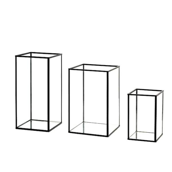 Set of 3 Black Glass Hurricane Candle Holders Square Lanterns Decorative for Pillar Candles