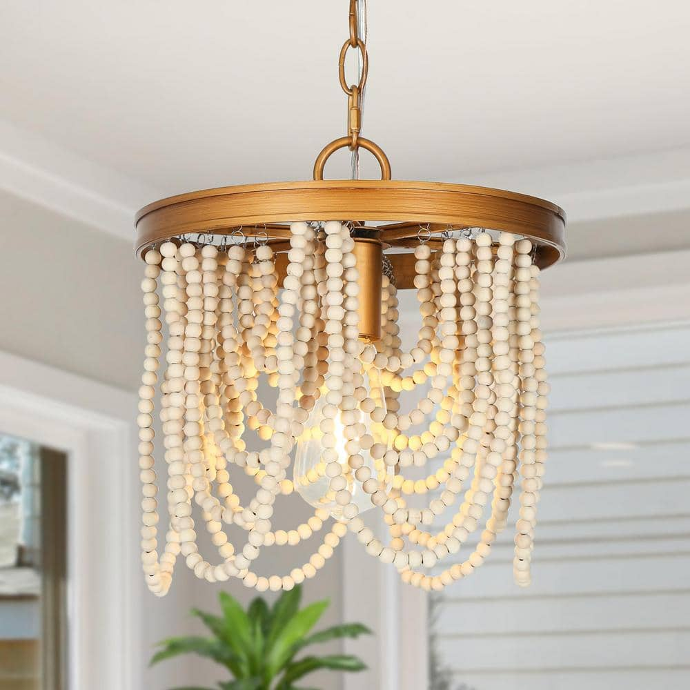 Uolfin 1-Light Farmhouse Gold Pendant Chandelier with Rustic Wood Beads ...