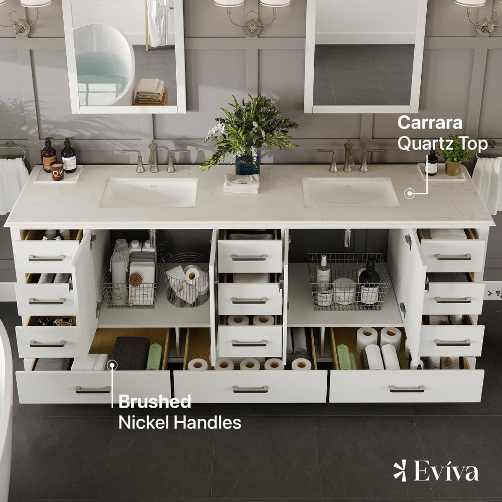 Eviva Storehouse 84" White Double Vanity with Carrara Marble Top