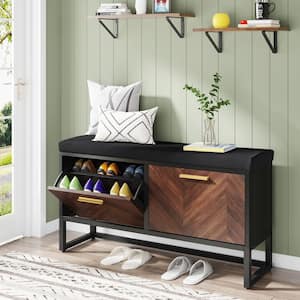 24 in. H x 39 in. W Brown and Black Wood Shoe Storage Bench with Cushion and Drawers for Entryway