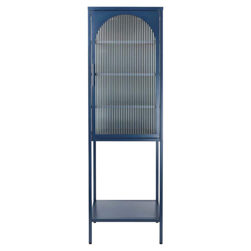 19.7 in. W x 13.8 in. D x 63 in. H Blue Linen Cabinet with Arched Glass Doo