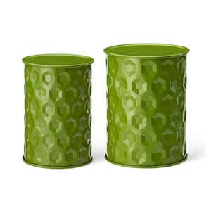 18.75 in.H Embossed Honeycomb Texture Green Metal Garden Stool Planter Stand Accent Table Kits and Accessories (2-Pack)