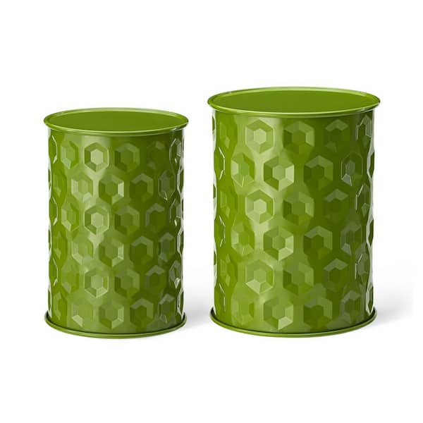Glitzhome 18.75 in.H Embossed Honeycomb Texture Green Metal Garden Stool Planter Stand Accent Table Kits and Accessories (2-Pack)