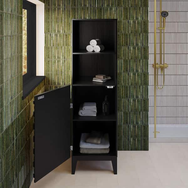 Cascade 17.5 in. W x 17 in. D x 60 in. H Black Freestanding Linen Cabinet in Black Oak