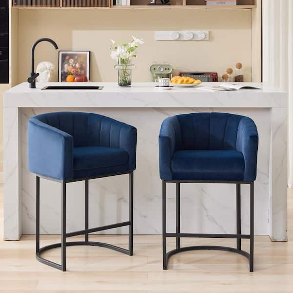 25.9 in. Modern Navy Blue Upholstered Fabric Bar Stools with Curved Back and Metal Base (Set of 2)