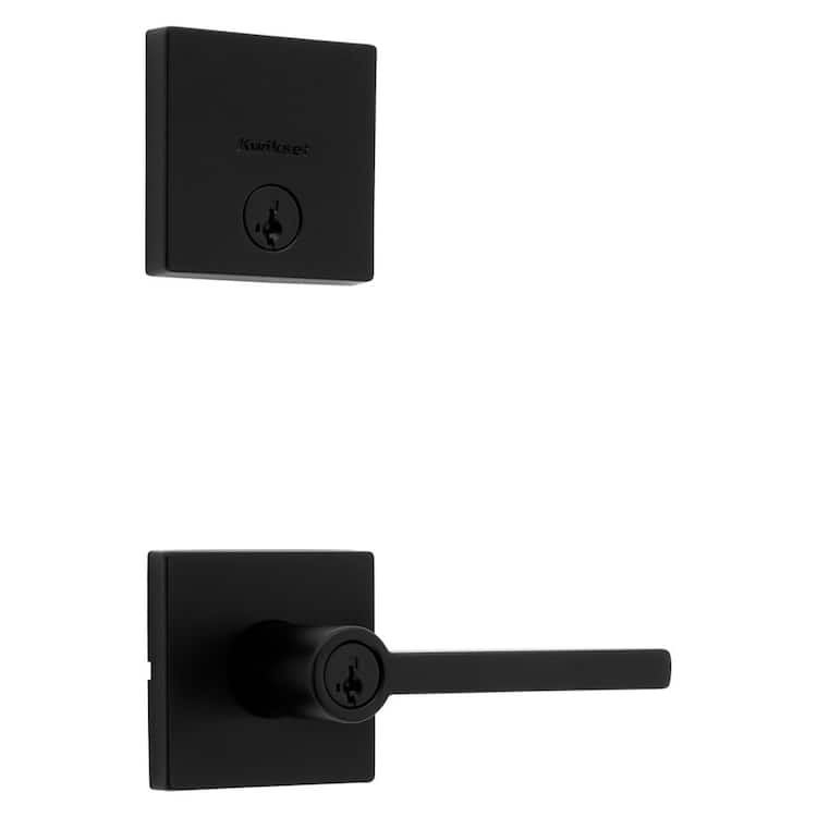 Kwikset Halifax Matte Black Entry Door Handle with Single Cylinder Deadbolt Combo Pack featuring SmartKey Security