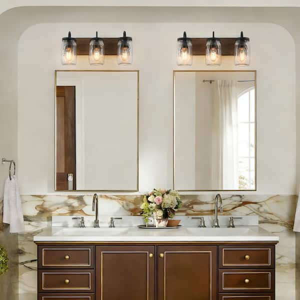 Farmhouse Bathroom Vanity Light 3-Light Black Powder Room Wall Sconce with Brown Faux Wood Accent Clear Mason Jar Shades