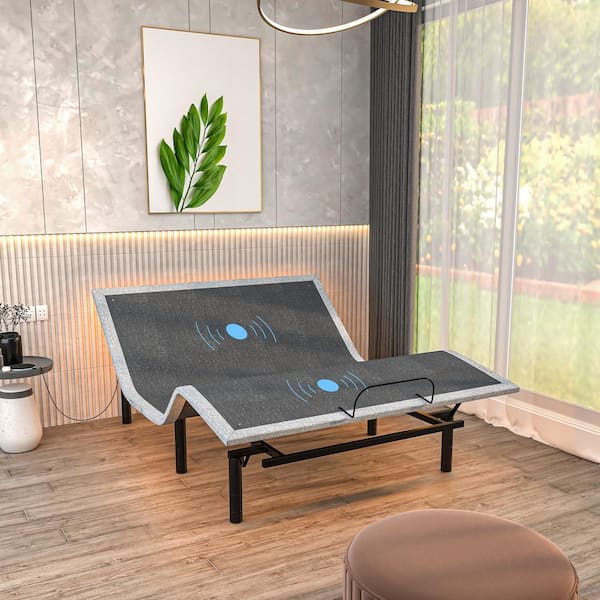 Renanim Adjustable Gray Bed Frame King USB, Dual Massage, Under-Bed Light, App Control, Head and Foot Incline Platform Bed