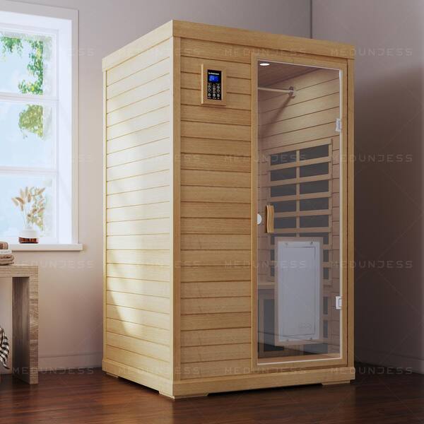 MEDUNJESS 2-Person Hemlock Indoor Infrared Sauna with 9-Carbon Far Infrared Heaters, Colored Light and Drying Clothes Disinfection