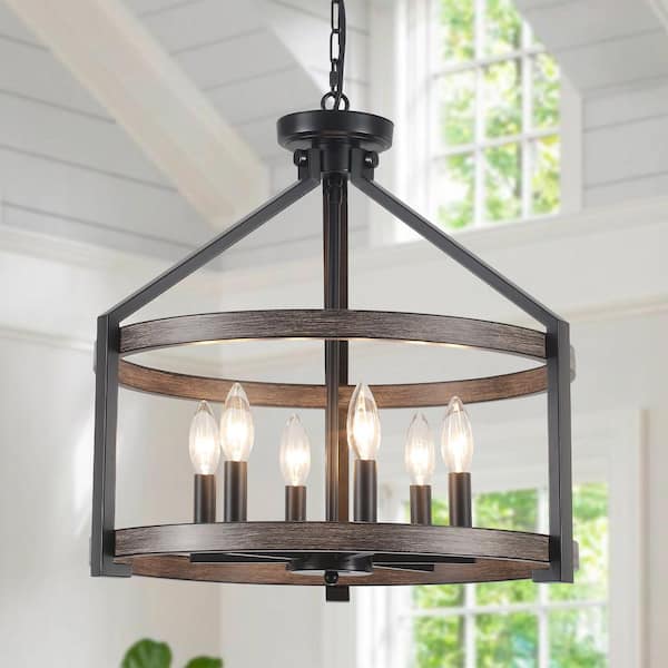 6-Light Black and Imitation Wood Grain Modern Chandelier Light Fixture with Metal Shade, No Bulbs Included