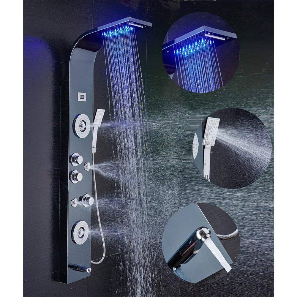 ELLO&ALLO LED Stainless Steel Shower Panel Tower System, Rainfall Shower Head Rain Massage System With LED Body Jets