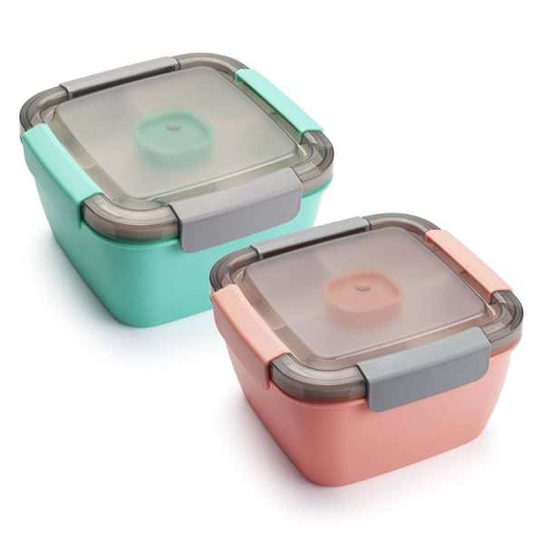 52 fl. oz. Pink and Green Plastic 3 Compartment Portable Salad Lunch To Go Bowl for Outdoor Picnic Daily Meal (Set of 2)