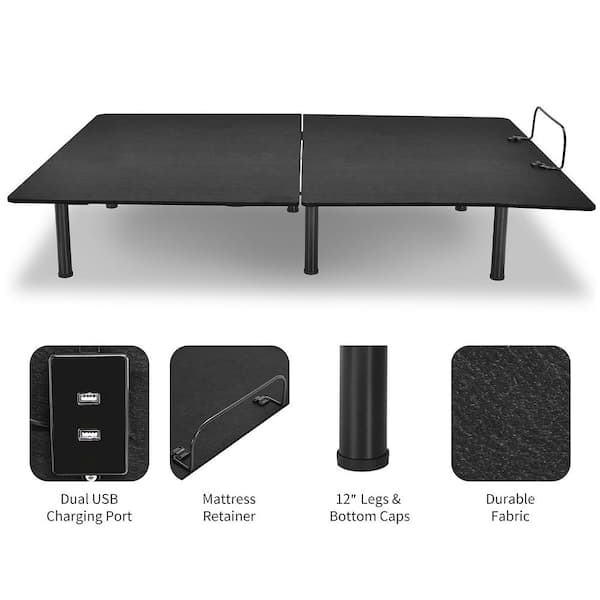 Black Queen Adjustable Bed Base Head and Foot Remote Control Steel Frame USB