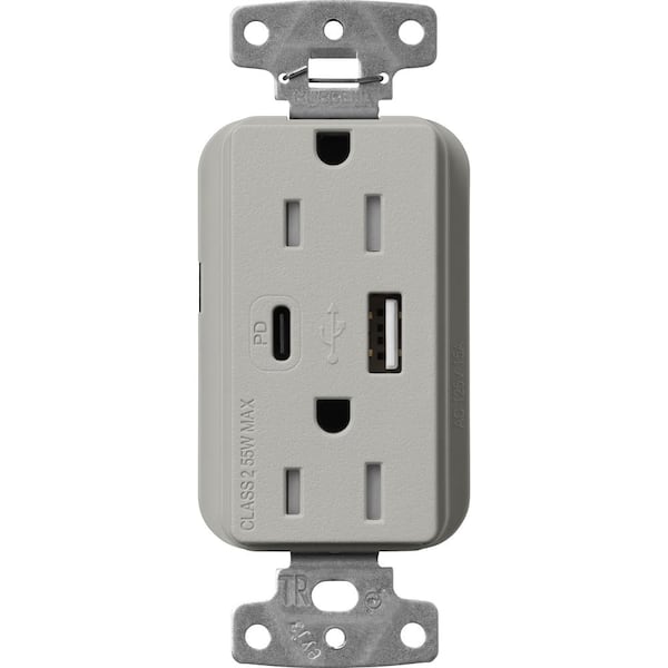 Claro 15 Amp Tamper Resistant USB Type A/C Duplex Receptacle, Decorator Style Outlet Satin Finish, SCR-15-ACTR-PB, Beige