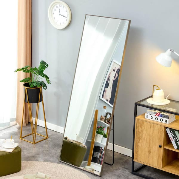 23 in. W x 65 in. H Gray Solid Wood Frame Full-Length Floor Standing Mirror, Wall Mounted Mirror