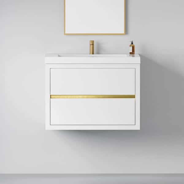 30 in. Wall-Mounted Bath Vanity Floating Bathroom Storage Cabinet in Glossy White with White Stone Resin Top
