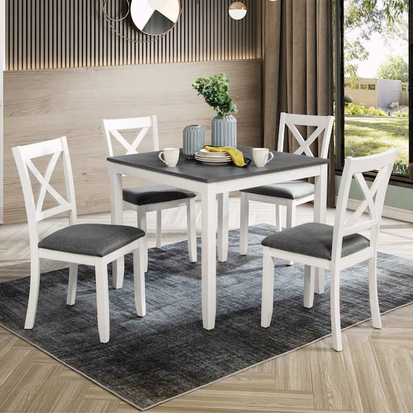 5-Piece Square White/Gray Wood Top Dining Room Set Seats 4