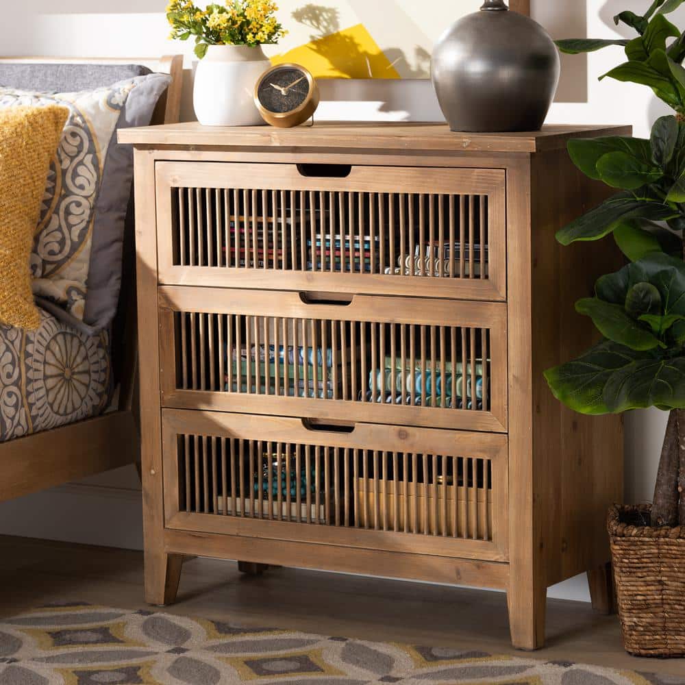 Clement Medium Oak 3-Drawer Wood Spindle Chest