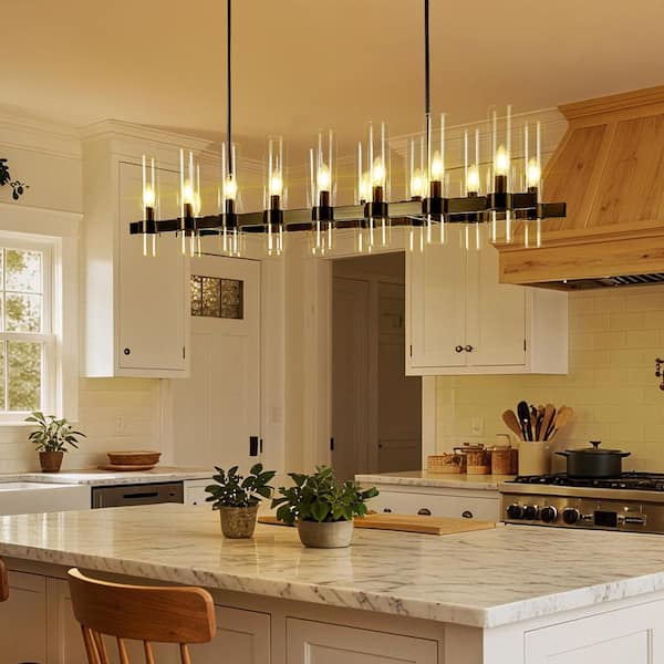 16-Light Black Chandelier, 54 in. Modern Farmhouse Linear Chandelier, Luxury Ceiling Pendant Light for Dining Room