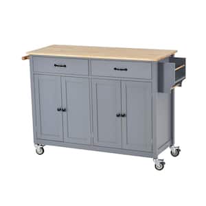 Dusty Blue Wood Top 54.33 in. Kitchen Islandwith Locking Wheels, 4-Door Cabinet and 2-Drawers, Spice Rack