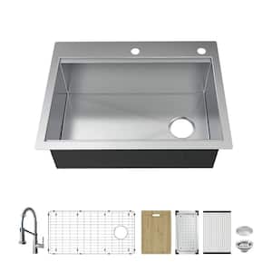 Professional Zero Radius 33 in Drop-In Single Bowl 16 G Stainless Steel Workstation Kitchen Sink with Spring Neck Faucet