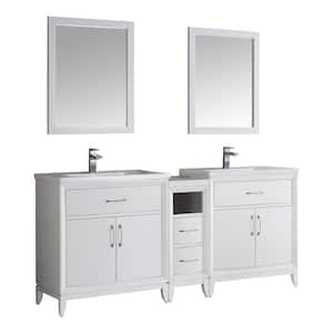 Cambridge 70 in. Vanity in White with Porcelain Vanity Top in White with White Ceramic Basins and Mirror