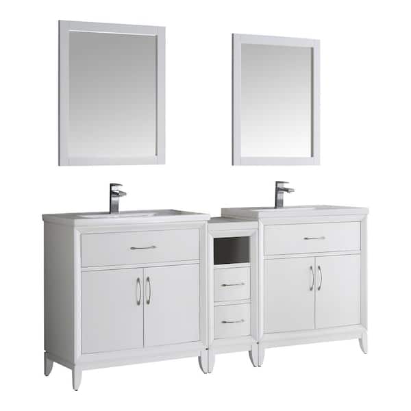 Fresca Cambridge 70 in. Vanity in White with Porcelain Vanity Top in White with White Ceramic Basins and Mirror
