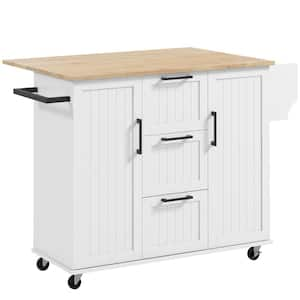 Rolling Drop Leaf White Rubber Wood Top 52 in. Kitchen Island with Adjustable Shelves and Drawers