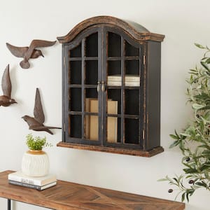 22 in.  x 28 in. Black Distressed 1 Shelf and 2 Doors Wood Wall Shelf with Arched Shutter Doors