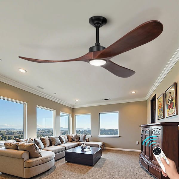 60 in. Smart Indoor Walnut Ceiling Fan with light, with Remote Control, 6-Speed, DC Motor and 3 Solid Wood Blades