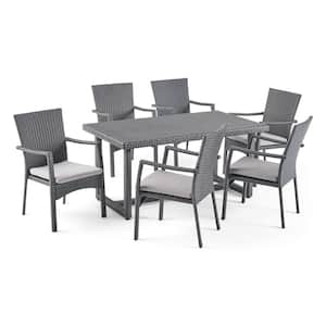 Westley Grey 7-Piece Polyethylene Faux Rattan Outdoor Dining Set with Gray Cushions