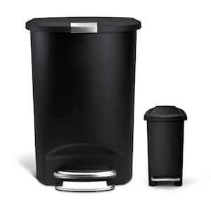 50 l Black Semi-Round Soft Close Step-On Plastic Trash Can with Lid-Lock and Free 10 l Slim Black Plastic Can