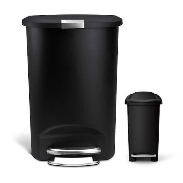 simplehuman 50 l Black Semi-Round Soft Close Step-On Plastic Trash Can with Lid-Lock and Free 10 l Slim Black Plastic Can