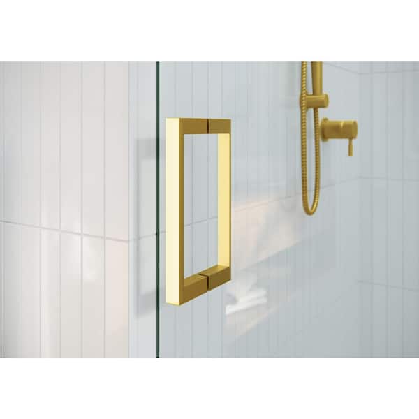 Astro 48 in. W x 78 in. H Sliding Frameless Shower Door with Square Hardware in Satin Brass with Clear Glass