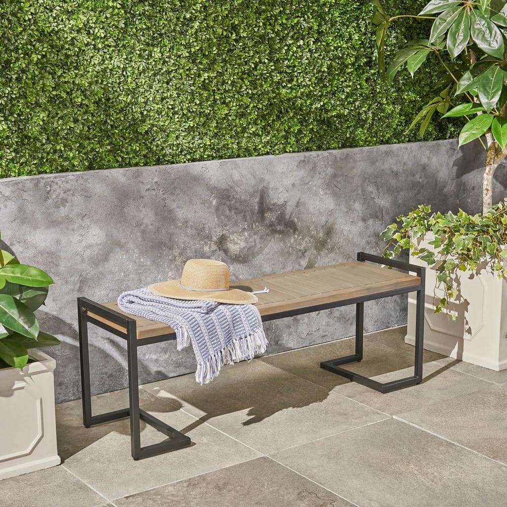 Outdoor Industrial Wood Bench with Metal Legs, Grey